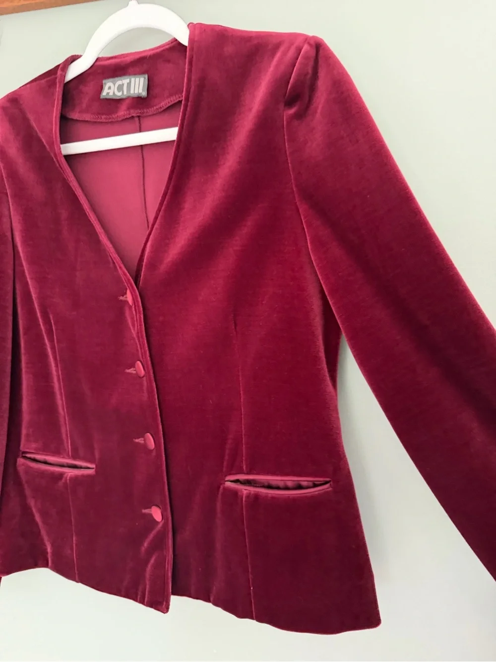 Vintage 80s Act III Burgundy Wine Velvet 4 Button Collarless Blazer Union Made